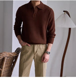 Men's American Retro Polo Sweater Luxury Trendy Business V Neck Knit Solid Color Pullover Leisure Slim-fit Long Sleeve Knitwear