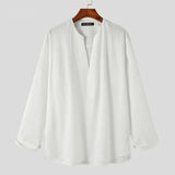 Fashion Men Shirt Solid Color Loose V Neck Long Sleeve Men Clothing Streetwear Korean Style Casual Shirts Men S-5XL