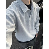 Deep Grey Polo Collar Sweatshirt Men's Spring Autumn Long Sleeve Turn Collar American Retro Jacket Loose Fit Casual Wear