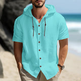 New Casual Solid Color Men's Shirt Summer Street Simple Style Hooded Drawstring Cotton Hemp Cardigan Loose Short Sleeve T-shirt