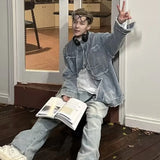 Denim Jackets Men Chic All-match Patchwork Raw Edge Stylish Hipster Males Overcoats High Street Hip Hop Long Sleeve Autumn Daily