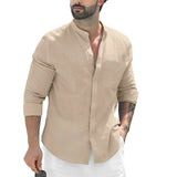 Men's Casual Solid Color Beach Shirts Full Sleeve Shirt Single Breasted Versatile Blouse Slim Male Stand Collar Cotton Linen Top