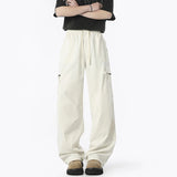 Side Pocket Men's Casual Trousers Solid Color Korean Style Elastic Waist Pants Straight Leg Loose Male Bottom Simple