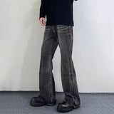 Men Daily Popular Bell Bottom Jeans Male Chic Black Gray Lines Design Denim Pants Baggy Vintage Wash Straight Leg Denim Trousers