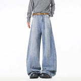 2025 New Men Wide Leg Jeans Loose Fit Light Blue Washed Denim Trousers High Quality Trendy Fashion Streetwear Hot Sale