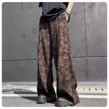 High street hip-hop men and women trendy personalized ink floral straight leg pants for couples loose retro casual pants y2k