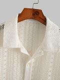 Cotton Sheer Openwork Shirts for Men Sexy Lace Short Sleeves Transparent Shirt Summer Solid Streetwear Tops