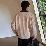 Winter Men's Trending Knitted Lapel Sweater Light Luxury Leisure Patchwork Long Sleeve Pullover Japanese Retro Loose Knitwear