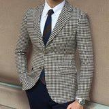Houndstooth Plaid Blazer for Men One Piece Suit Jacket with 2 Side Slit Slim Fit Casual Male Coat Fashion Clothes