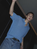 Stylish Refreshing Blue Polo Shirt Hollow Knitted Short Sleeve Summer New Casual All-match T-shirt Top