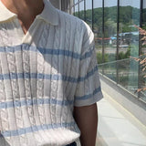 Summer Stylish Short Sleeve Mens Polo Shirt Casual Turn-down Collar Knitting Tops For Men Vintage Slim Fit Striped T Shirts