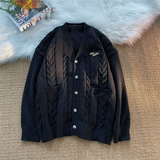 Letter Twists Cardigan Sweater Men New Preppy Grunge Cityboy Knit Jacket Japan Couple Casual V-neck Sweater Coat
