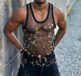 Men Tank Tops Mesh Embroidery O-neck Sleeveless Summer Male Vests Transparent Streetwear Fashion Men Clothing S-5XL