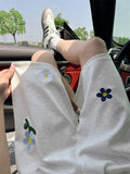 Lazy Gray Floral Embroidered Shorts Men Women Korean Style Summer Trend Oversize Teen Sports Five-point Pants Aesthetic Chic