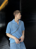 Stylish Refreshing Blue Polo Shirt Hollow Knitted Short Sleeve Summer New Casual All-match T-shirt Top