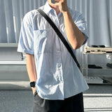 Male Shirts Lapel Pocket Design Solid Color Korean Style Summer Short Sleeved Single Breasted Loose Men Tops Simple