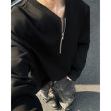 Spring Long Sleeved T-shirt Men Black White Casual Zipper T Shirt Men Streetwear Korean Loose Shoulder Pad T Shirt Mens Top