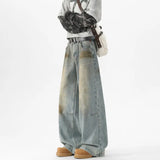 Men Baggy Wide Leg Jeans Washed High Street Fashion  Trendy Casual Streetwear Oversized Fit Light Blue Vintage Wash Trousers