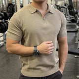 New Men Fashion Tops American Style Light Luxury Knitted Zipper Polo Shirt Casual Fitness Solid Color Short Sleeve Fitness Tees