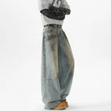Men Baggy Wide Leg Jeans Washed High Street Fashion  Trendy Casual Streetwear Oversized Fit Light Blue Vintage Wash Trousers