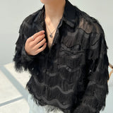 Summer Men Black White Streetwear Hip Hop Shirt Men Tassels Party Night Club Men Shirts Male Long Sleeves Hollow Out Blouse