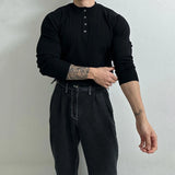 Autumn Clothing Men's Knit Henry Collar Pullover Sweater Luxury Vintage Button-down Long Sleeve Casual Streetwear Basic Shirts
