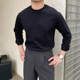 New Autumn Fashion Men T-shirt Light Luxury Solid Color Long Sleeve Tops Leisure Streetwear Casual O Neck Basic Shirts M-3XL