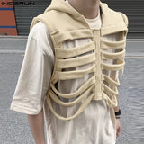 Fashion Casual Style Tops New Men's Funny Bone Deconstruction Design Vests Personality Solid Hooded Waistcoat S-5XL