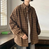 Autumn Plaid Corduroy Men Shirts New Y2K Streetwear Workwear Blouses Retro Long Sleeve Cargo Shirt Loose Casual Tops