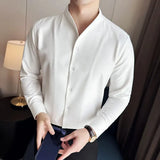 Men V-neck Shirt Spring New British Style Anti-wrinkle Soft Solid Casual Elastic Slim Fit Long Sleeved Shirt Men Clothing