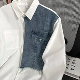 Japanese High-end Denim Jacket Spliced Long-sleeved Shirt Men's Niche Design Sense High Street Couple Loose Casual White Shirt