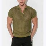 Summer Mens Hollow Out Knit Polo Shirts Sexy See Through Short Sleeve V-lapel Tops Fashion Mesh Loose Casual T-shirt Streetwear