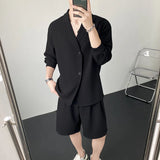 Summer Black/White Sets Men Fashion Long-sleeved Shirt Shorts Two-piece Men Korean Casual Loose Plaid Sets Mens Suit M-2XL