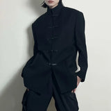 New Chinese Style Suit Men's Niche Design Traditional Button Stand Collar Jacket Black Straight Wide Shoulder Coats Ruffian Cool