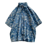 Men Denim Shirts Floral Printed Summer Button Lapel Tops Short Sleeve Blouses Soft Cotton Loose Male Hawaiian Beach Shirts
