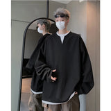 Loose Casual Tshirt Men Fake Two-piece Long Sleeve T Shirt Neutral Streetwear Fashion Women Korean Pullover T-shirts Gray/Black