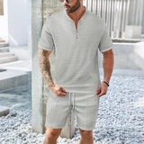 Casual Waffle Texture Two Piece Suits Mens Summer Leisure Short Sleeve Zipper Stand Collar Polo Shirt And Shorts Set Men Outfits