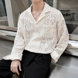 New Chic Men Hollow Out Cardigan Tops Light Luxury Korean Style Long Sleeve Shirts Casual Retro Solid Color Button-down Blouse