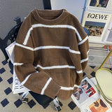 New Korean Trendy Men Sweater Light Luxury Knitted Drooping Stripe O Neck Long Sleeve Pullover Casual High Street Knitwear M-3XL