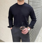 New Autumn Fashion Men T-shirt Light Luxury Solid Color Long Sleeve Tops Leisure Streetwear Casual O Neck Basic Shirts M-3XL