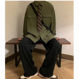 Long Sleeve Shirt Men Fashion Social Mens Dress Shirt Korean Loose Green Black Shirts Mens Pocket Tooling Shirt  Plus Size 4XL