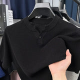 New Men Luxury Chinese O Collar T-Shirt Leisure Slim Button-down Solid Color Short Sleeve Tops Summer Breathable Basic Knitwear