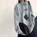 Chinese Style Denim Jacket Spring Autumn Denim Jacket Gradient Washed Japanese Casual Large Pocket New Chinese Tang Style Jacket