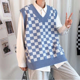 Sweater Vest Men Daily Spring New All-match Students Simple Plaid Fashion Korean Style Knitting V-neck Popular Soft Retro Ins