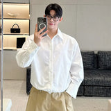 Korean Style Men's Shirts Casual Solid Color Long Sleeve Turn-down Collar Male Loose Tops Drawstring New Trend Spring