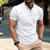 Men's Henry Collar Cotton Short Sleeve T-shirt Casual Solid PoIo Shirt Male Cozy Tees Slim Fit Dailywear Button Up Basic Tops