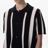 New Men Striped Hollow Out Cardigan Tops Light Luxury Casual Button-down Short Sleeve Shirs Leisure Streetwear Fashion Knitwear