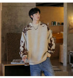 Korean street style men and women trendy personality contrasting color round neck sweater couple winter loose casual knitted top