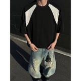 Mens Breathable Cotton Tshirt man Soft Summer Casual Slim Fit Contrast Panel Simpl Design Streetwear Fashion Tee Line Texture