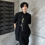 New Chinese Style Embroidery Short Sleeve Shirt Men Wear Bamboo Leaf Pattern Shoulder Pad Male Shirts Loose Fit